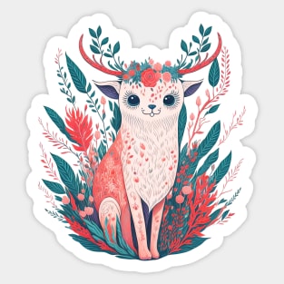 A deer in pastel colors surrounded by a flowery garden Sticker